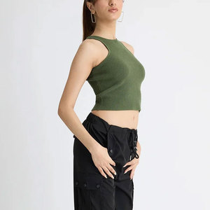 Women's Olive Green Halter <b>Crop</b> <b>Top</b> Knitted Solid Color Casual Spring Summer Slim Fit Spandex Cotton Blend - Product Image 2