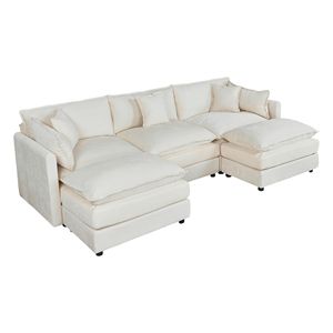 21873 Divano Chaise Longue Beige a 3 Posti con 2 Poggiapiedi - Product Image 2