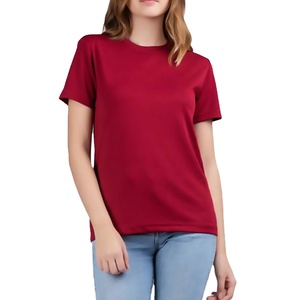 Camiseta de Manga Corta con Cuello Redondo Roja para Mujer, 100% Algodón, Corte Regular, Informal, Lisa, de Verano, de Secado Rápido, Transpirable, de Punto Jersey - Product Image 2