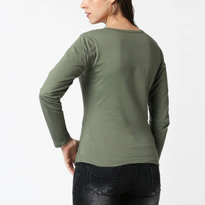 Camiseta de manga larga para mujer, color verde oliva, con estampado de la Torre Eiffel, cuello redondo, corte ajustado, informal, de algodón. - Product Image 3