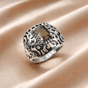 Anillo de Plata de Ley 925 con Cuarzo Ahumado, Hecho a Mano, con Filigrana, Anillo Rectangular con Gema para Hombre, Estilo Vintage - Product Image 1