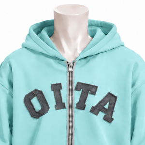 Sweat à capuche zippé pour homme Aqua Blue, avec lettres en chenille appliquées, en molleton épais, coupe décontractée, style streetwear, avec poches avant - Product Image 3
