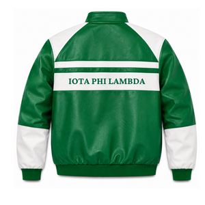Custom Iota Phi Lambda Sorority Leather <b>jacket</b> blue & <b>white</b> Embroidered logo Casual Style for female with polyester lining - Product Image 3
