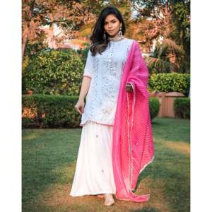 Ensemble de costume de travail en rayonne et mousseline de soie brodée Gota blanc pour femmes - Taille XS - Product Image 6