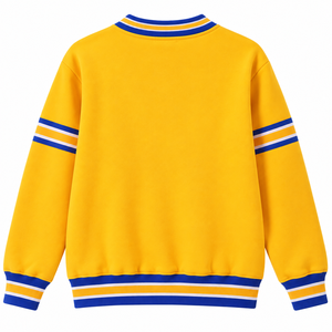 Sudadera con cuello redondo y escudo de chenilla dorado de Sigma Gamma Rho, con bolsillo canguro y ribete acanalado a rayas azul real, para la hermandad griega. - Product Image 4