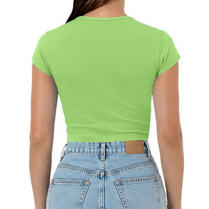 Women <b>Green</b> Crew Neck Short Sleeve Solid Color Slim Fit <b>Crop</b> <b>Top</b> T-Shirt - Product Image 3