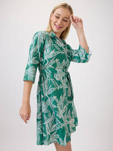 <b>Three</b> Quarter Sleeves Midi Hot Sale Vintage Elegant Printed Formal Party Green Floral Print Eco-Friendly Loose Turn-down Collar - Product Image 2