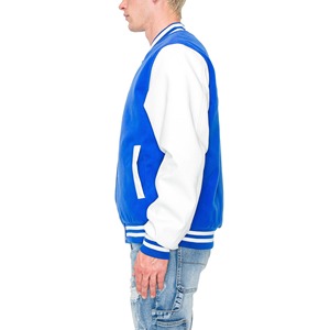 <b>Men's</b> Blue <b>White</b> Varsity <b>Jacket</b> Regular Fit Solid Color Button Front Casual Style Autumn Wear For <b>Men</b> - Product Image 2