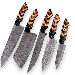 Juego de Cuchillos de Cocina Profesionales de 5 Piezas, Hechos a Mano con Acero de Damasco y Madera, Ligeros, de Espiga Completa y Duraderos, para Cortar, Filetear y Pelar - Product Image 1