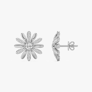 Pendientes de Diamantes Cultivados en Laboratorio con Corte Redondo y Diseño Único, Oro Blanco de 14K, Diseño de Flor, 36 Piedras, Certificados por IGI, para Mujer - Product Image 2