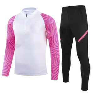 Women's Sporty Tracksuit Set <b>White</b> Pink Geometric Print <b>Long</b> <b>Sleeve</b> Half-Zip <b>Top</b> Black Pants With Side Pockets - Product Image 1