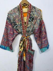 Bata de dormir de verano para mujer, larga, con estampado patchwork, transpirable, suave, cuello en V, manga tres cuartos, de tela no tejida, 100% seda - Product Image 5