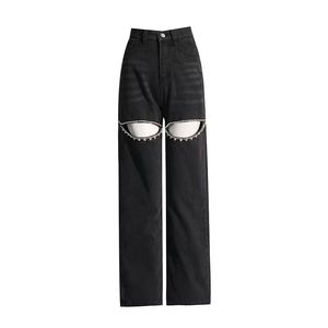 Pantalon en jean taille haute à jambe large noir, coupe ample, déchiré, orné de perles, style streetwear, fermeture boutonnée - Product Image 4