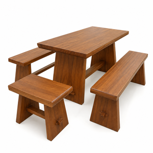 Ensemble de table à manger d'extérieur en teck massif de luxe avec banc et tabouret, meubles de jardin modernes pour hôtel, resort, villa - Product Image 1