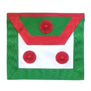 Tablier maçonnique de Maître Maçon de St Andrew, vert, blanc, rouge, moiré, avec franges dorées et triple rosette, Régalia maçonnique - Product Image 3