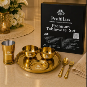 Ensemble de thali en acier inoxydable doré PVD avec perles, 7 pièces - Product Image 2
