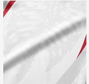 Maillot de football blanc, rouge et bleu, imprimé par sublimation |   Sans col |   Manches courtes |   Uniforme d'équipe personnalisé |   Vente en gros OEM - Product Image 4