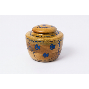 Urna Funeraria de Madera Hecha a Mano para Mascotas con Diseño de Huella Azul, Urna Conmemorativa Redonda de Madera Natural, Pequeño Recuerdo - Product Image 1
