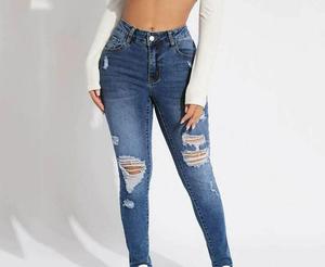 Jean skinny déchiré taille haute pour femme, longueur intégrale, en denim vieilli, style décontracté, idéal pour l'automne - Product Image 3