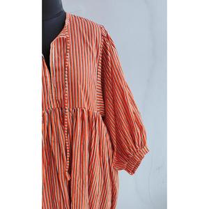 Boho Style Striped Handprint Midi <b>Dress</b> With Tie Neck Puff Sleeve <b>Loose</b> Fit Summer Casual <b>Dress</b> For Women - Product Image 5