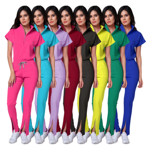 Women's <b>Scrub</b> Set Light <b>Blue</b> Pink <b>Blue</b> Color Block Knitted Polyester Hospital Uniform Pants Top with Drawstring Waist - Product Image 4
