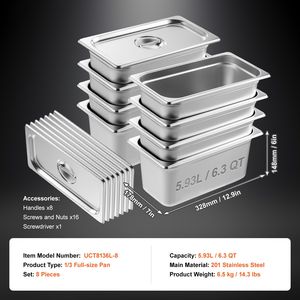 Set da 8 Vaschette per Buffet a Vapore Formato 1/3 con Coperchio Anti-Incasso, Spessore 0,8 mm, Acciaio Inossidabile, Profondità 6 Pollici, Grado Commerciale per Ristoranti - Product Image 3