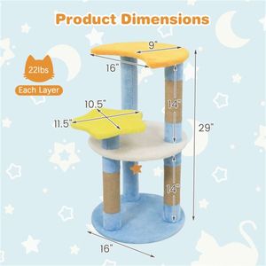 Arbre à chat bleu de 29 pouces avec design lune et étoiles, 4 niveaux, poteaux à gratter en jute et dispositif anti-basculement pour chatons et chats adultes - Product Image 4