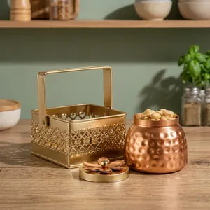 Panier décoratif en métal doré avec pot en cuivre martelé et couvercle floral – Contenant de luxe pour fruits secs, idéal pour la cuisine et la table à manger - Product Image 6