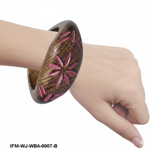Handcrafted Wooden <b>Bangle</b> <b>Bracelet</b> Antique Brown Finish with Pink Floral Carvings Chunky Boho Statement Jewelry for Women - Product Image 3