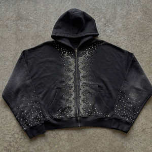 Sweat à capuche zippé pour homme, coupe ample, 500 GSM, épais, effet vieilli, délavé au soleil, délavé à l'acide, avec broderie et appliqué de patchs personnalisés, et strass - Product Image 5