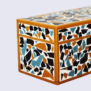 Caja de almacenamiento rectangular de madera con patrón de mosaico geométrico negro, naranja y azul, organizador de joyas 0-1L - Product Image 2