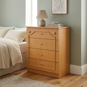 Cómoda Moderna de Madera de Roble Natural con 4 Cajones de Almacenamiento, Acento Geométrico, Mueble Alto para Dormitorio o Sala de Estar - Product Image 2