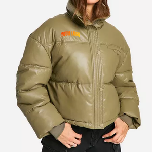 Veste matelassée en PU vert olive, col montant, bouton unique, coupe-vent, épaisse, manteau d'hiver décontracté, courte, unisexe - Product Image 1