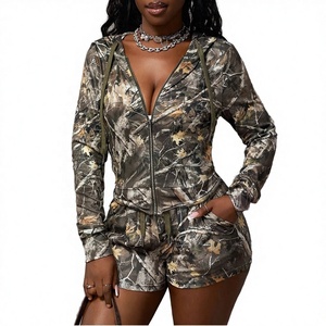 Combinaison à capuche zippée moulante pour femme, style hip-hop, manches longues, tenue de sport décontractée, ensemble 2 pièces imprimé avec short, hiver - Product Image 2