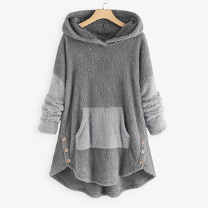Sweat-shirt polaire oversize à capuche pour femme, manches longues, épaules tombantes, color block, poche asymétrique, vêtement d'hiver - Product Image 4