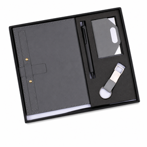 Set de Regalo Corporativo Premium con un Elegante Cuaderno Gris Profesional, un Bolígrafo de Metal Negro y un Moderno Porta Tarjetas de Identificación - Product Image 1