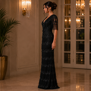 Luxury Black Beaded Evening Gown for Women Deep V Neck Fringe Sleeve <b>Sequin</b> Maxi Dress Elegant Formal Party Wedding Reception - Product Image 2