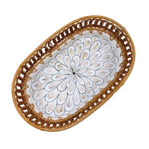 Bandeja de servicio de cerámica ovalada con patrón Floral azul hecha a mano, borde tejido de ratán ecológico para el hogar, cocina, comedor, fiesta decorativa - Product Image 5