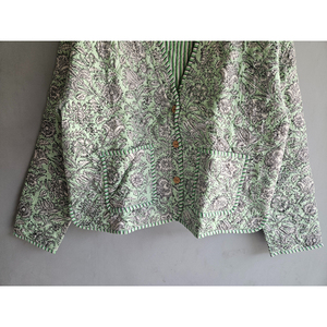 Green Floral <b>Kantha</b> Quilted Cotton <b>Jacket</b> Women V-Neck Button Front Short Coat Festival Wear gift for her - Product Image 5