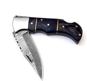 Cuchillo de bolsillo personalizado hecho a mano con hoja de acero de Damasco, mango de madera y funda de cuero fino, cuchillo para acampar, cuchillo de pesca - Product Image 2