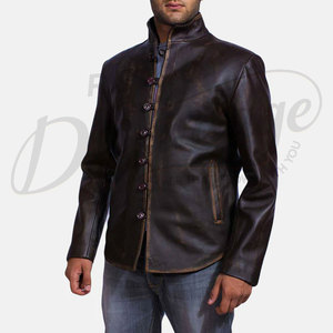 Veste en cuir véritable marron foncé de qualité supérieure pour homme, coupe ajustée, aspect vieilli, en cuir de vachette véritable, avec fermeture à boutons unique et col montant - Product Image 4