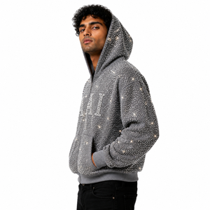 Sudadera con capucha y cremallera de algodón de alta calidad con pedrería, estilo oversize, de moda, para hombre, ropa de invierno, personalizada, estilo urbano. - Product Image 2