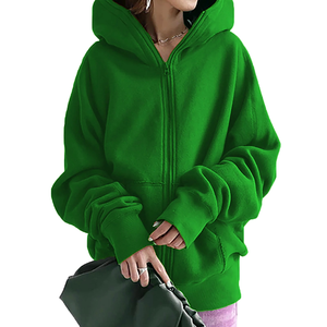 Sweat-shirt à capuche surdimensionné pour femme, fermeture éclair, couleur unie bleu, coupe ample, en coton tricoté, veste streetwear d'automne - Product Image 6