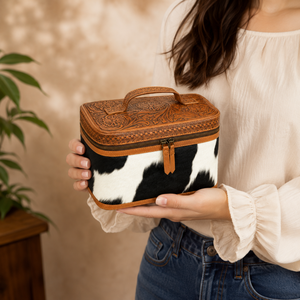Tooled Leather Cowhide Vanity Case Travel <b>Makeup</b> Organizer | Western Style Cosmetic Storage <b>Box</b> Handmade | OEM Export India 2026 - Product Image 3