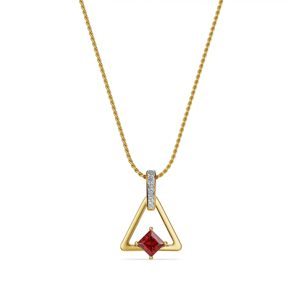 Geometric <b>Ruby</b> Pendant <b>Necklace</b> In Yellow Gold With Diamond Accents Rope Chain Minimalist Design Unisex Everyday Wear - Product Image 1