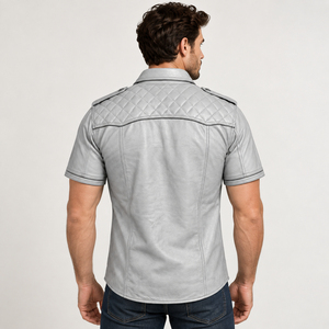 <b>Mens</b> Vintage <b>Black</b> Leather Waterproof Breathable <b>Shirt</b> <b>Short</b> <b>Sleeve</b> Genuine Cowhide Button Casual Biker Quilted Shoulders - Product Image 4