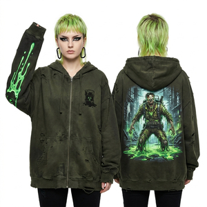 Full Zip Graffiti <b>Punk</b> Zombie Hoodie Women Custom Rebel Graphic Fleece <b>Jacket</b> Distressed Splatter Paint Streetwear Supplier - Product Image 4