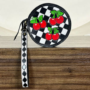 Western Cherry Round Coin Purse Checkered <b>Wristlet</b> for Women Handmade Tooled Leather Zipper Wallet Cute Checkerboard Pouch Bag - Product Image 4