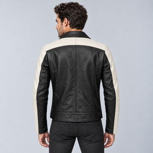 Veste de motard en cuir véritable noir et blanc pour homme avec fermeture éclair asymétrique, manches contrastées et poches zippées - Product Image 4