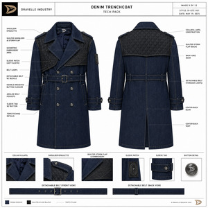 Longline Belted Denim Trench Coat Custom Men Women Heavyweight Jacket Premium <b>Quilted</b> Shoulder Outerwear - Product Image 6